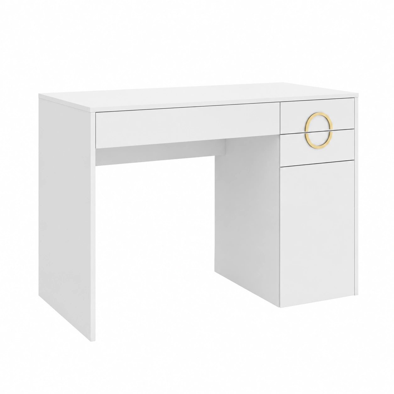 Scrivania Moderna Adela Bianca Lucida con Cassetti, 115 x 55 cm, Ideale per Ufficio e Studio