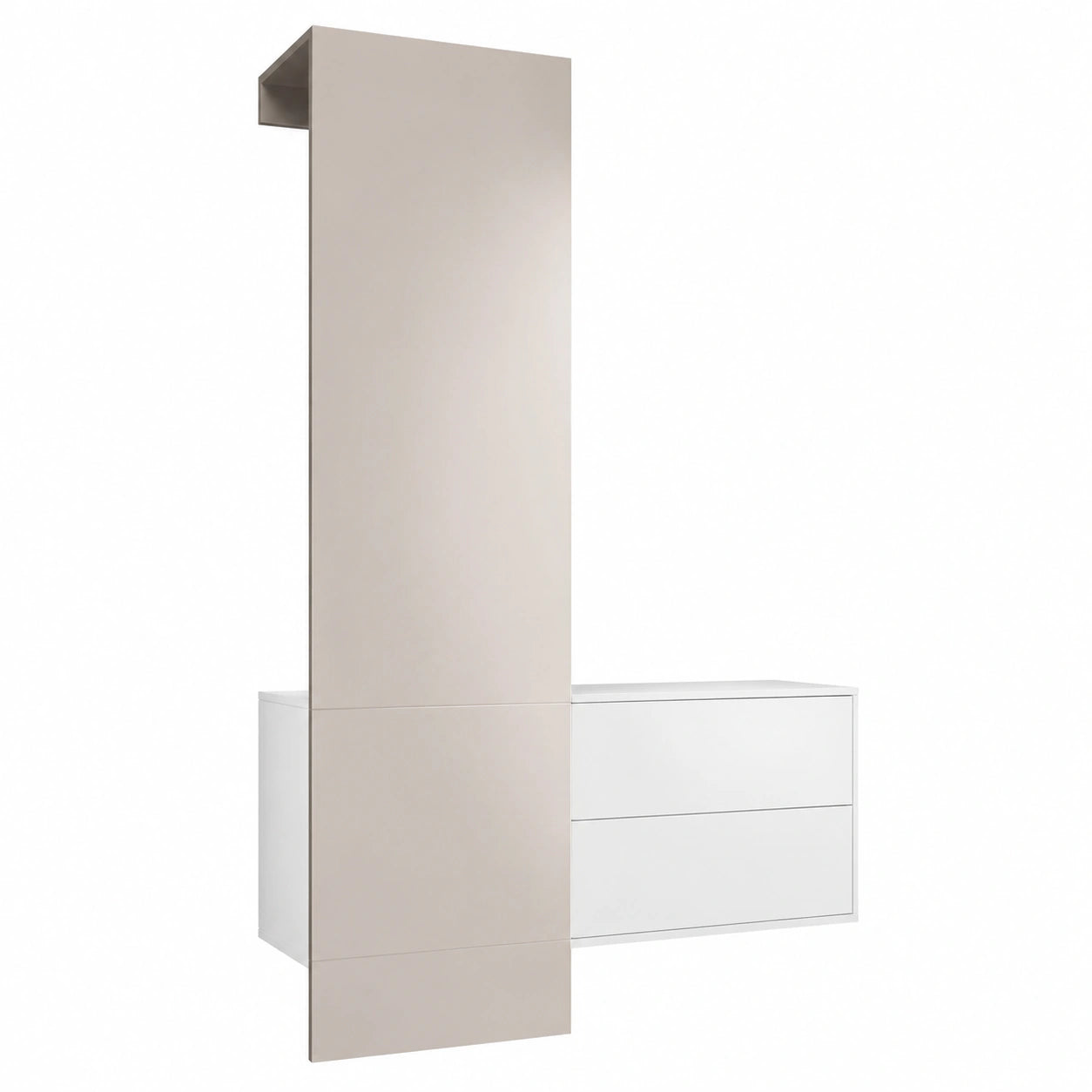 Set d'ingresso Carlton, pannello appendiabiti, cassettiera e specchio, bianco opaco/grigio sabbia lucido