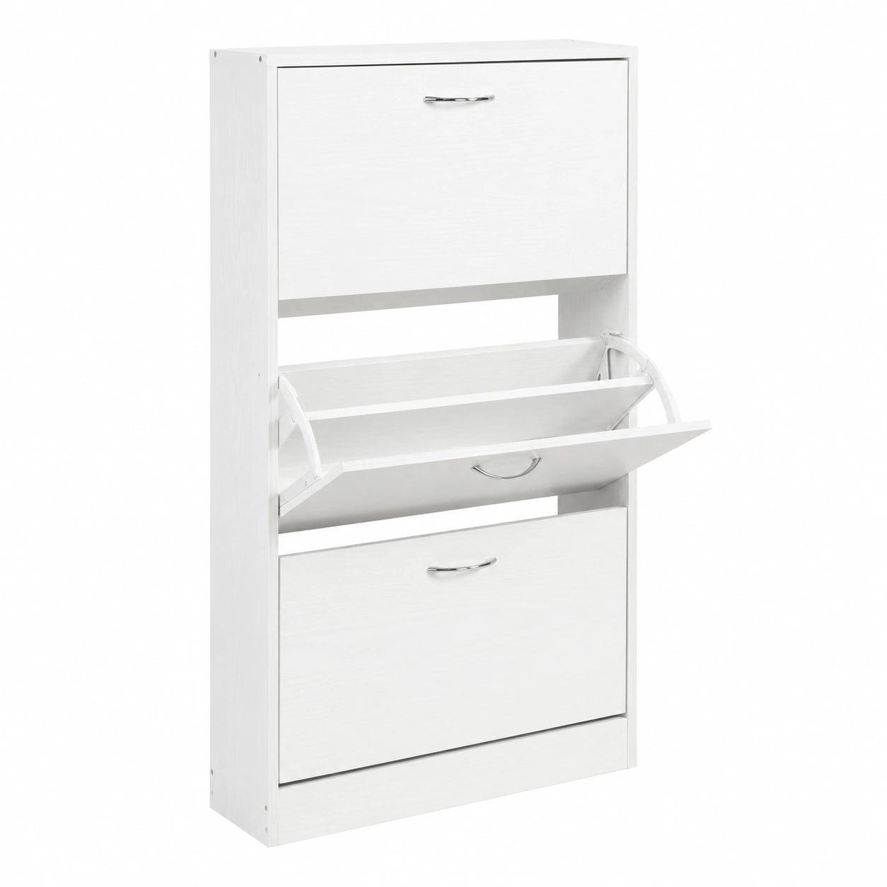 Scarpiera Slim in Legno MDF con 3 Ante Ribaltabili, Maniglie in Metallo, 63x24x115 cm, Colore Bianco Frassinato