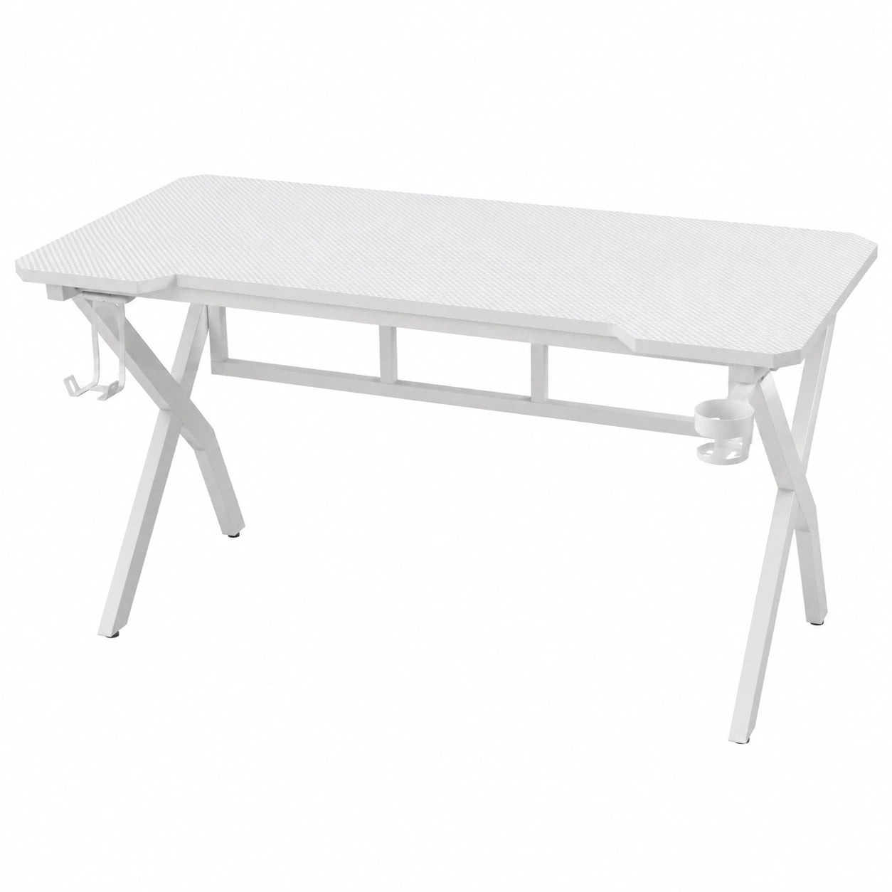 Scrivania Gaming Ergonomica 160x60cm in Carbonio con Porta Cuffie e Bevande - Bianco