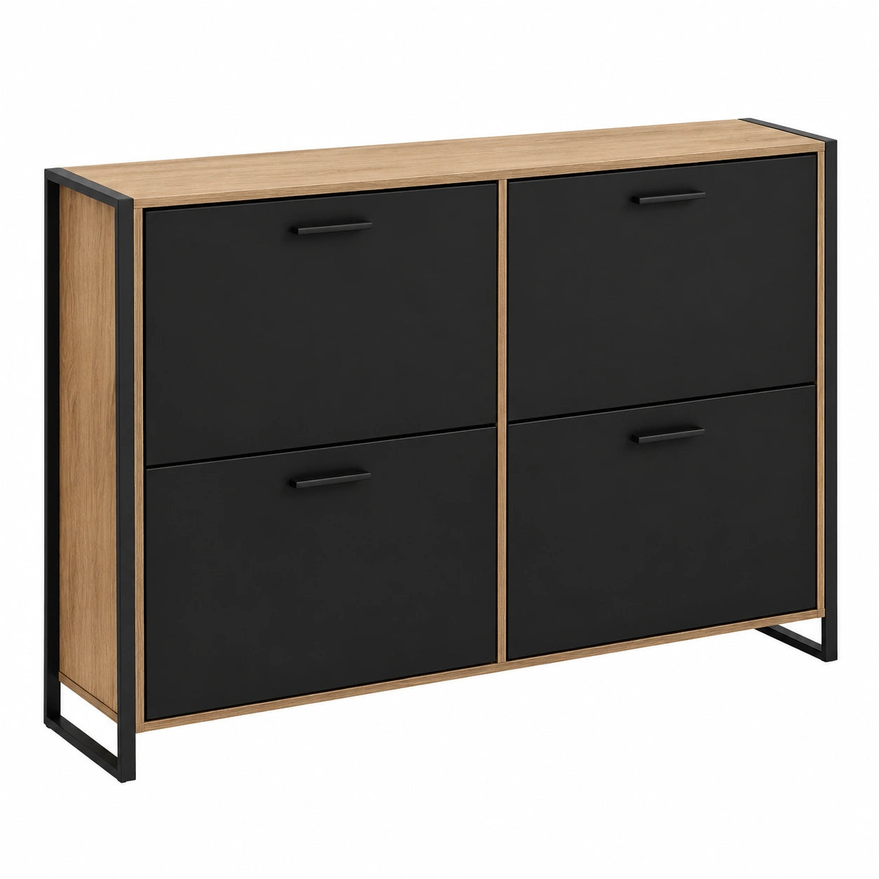 Scarpiera Moderna a 4 Ante, Nero e Legno, Capacità 24 Paia, per Ingresso e Soggiorno, L114xF24xH83 cm