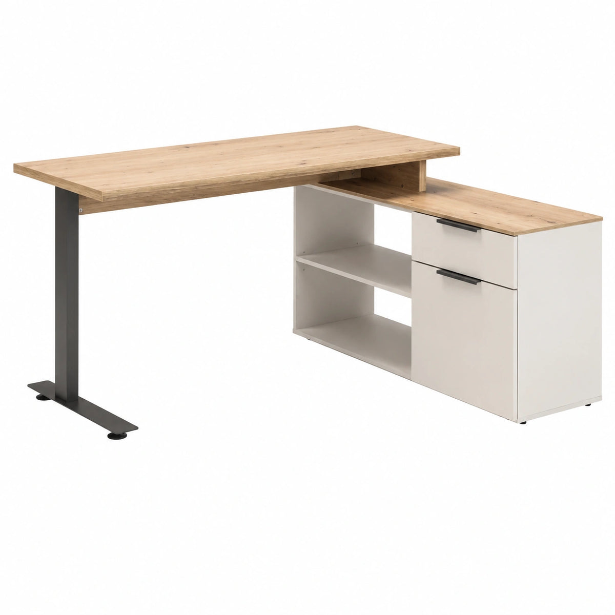 Scrivania Angolare PRONTO con Anta, Cassetto e Vano, 149,5x120x74,2 cm, Grigio Cashmere e Rovere