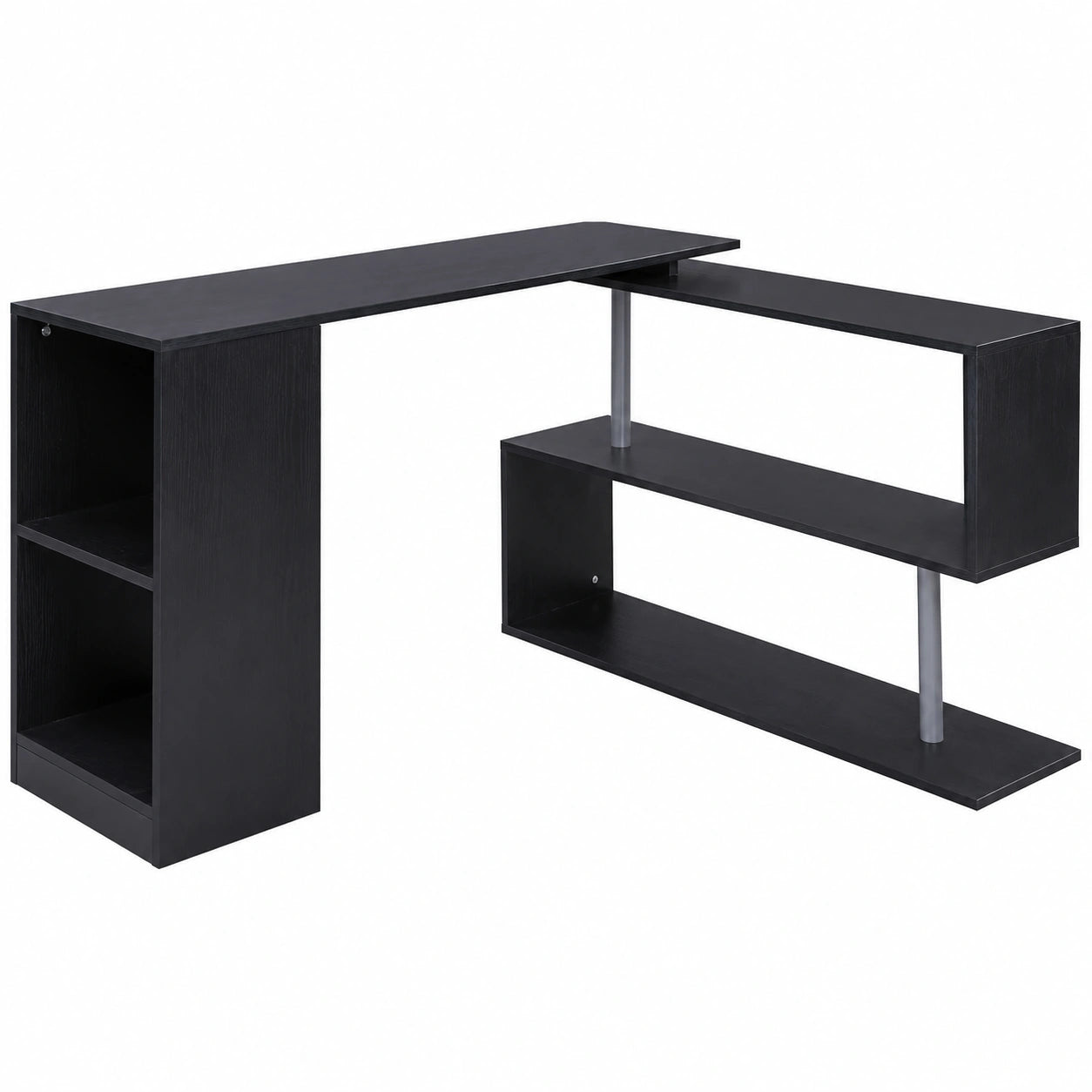 Scrivania Angolare Moderna in Legno Nero con Ripiani S, 140x120x78 cm