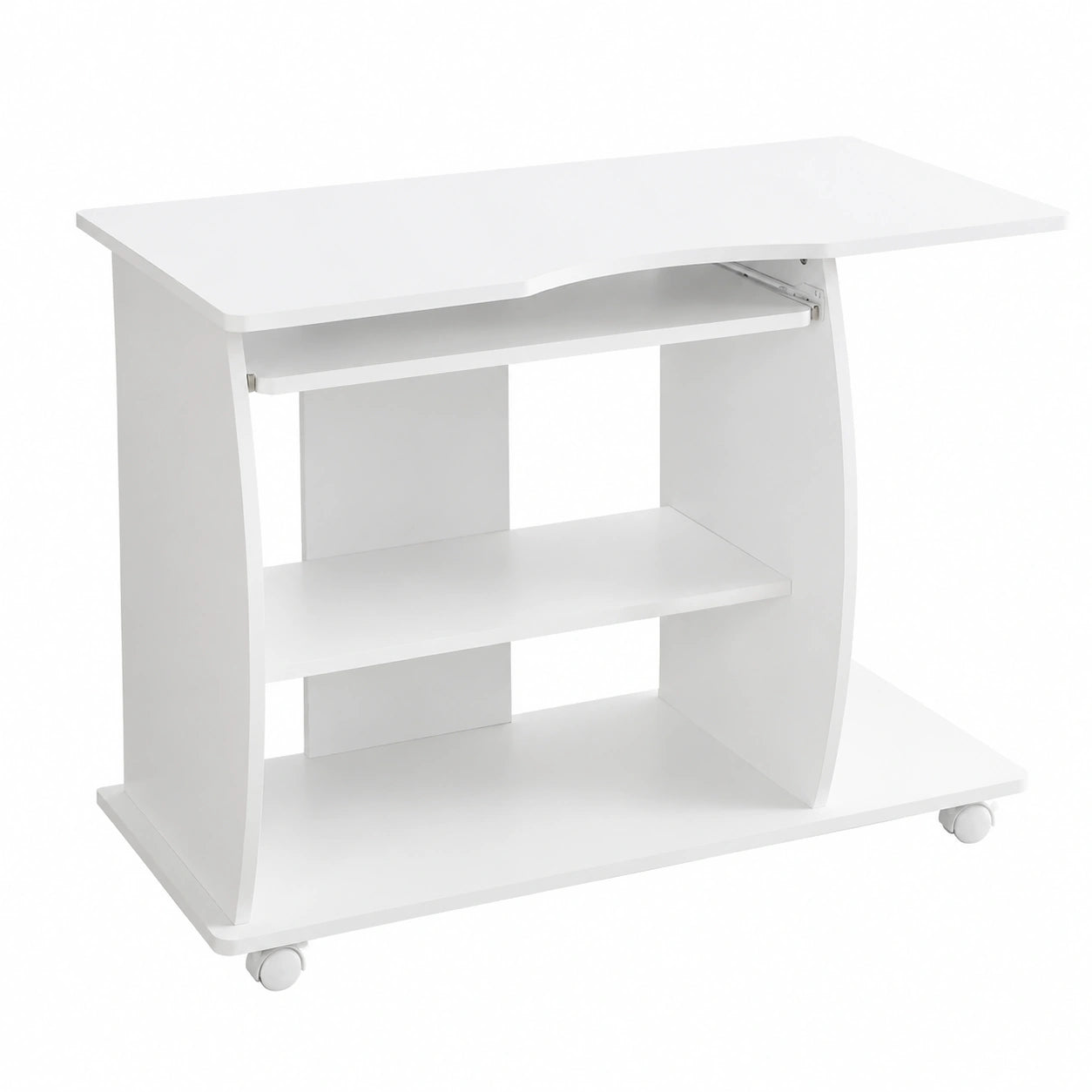 Scrivania Compatta su Ruote con Ripiano Estraibile per Tastiera e Stampante, 90x71x50 cm, Bianco